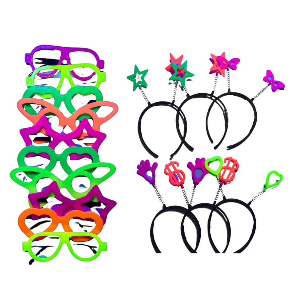 Kit Balada Festa Neon Casamento - 20 óculos + 20 tiaras - 40 itens - Aderecos Divertidos