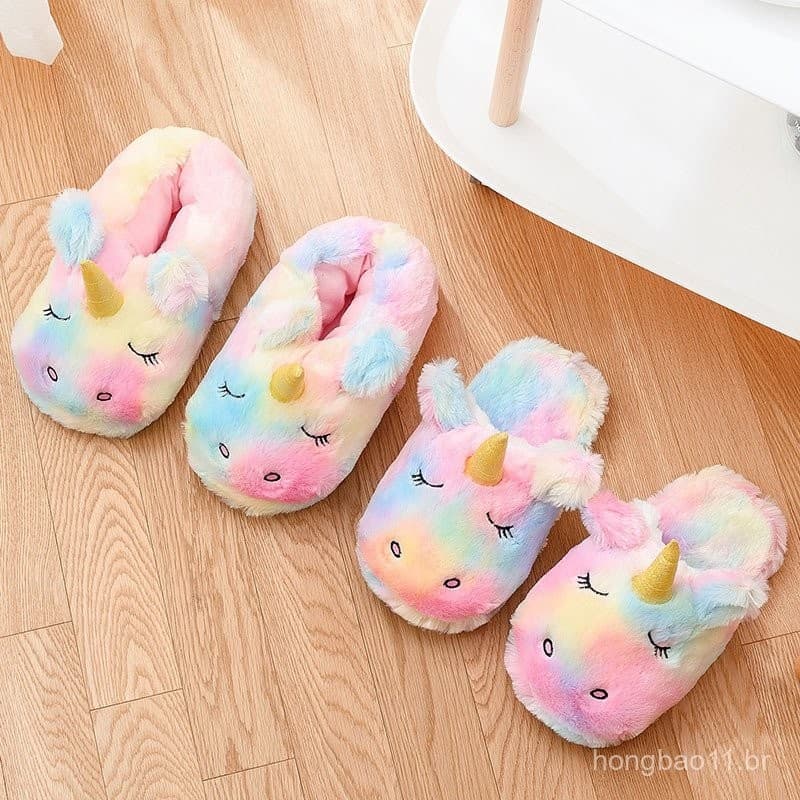 Rainbow Unicorn Chinelos/Meninas Bonitos Fluffy/Cozy Plush Indoor Mulheres Ao Ar Livre/Melhor Unicórnio Presentes
