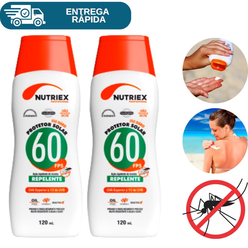 Kit 2 Protetor Solar Fps 60 Ação Repelente 120ml Nutriex 1/3 UVA UVB Bloqueador Solar Fator 60 Creme