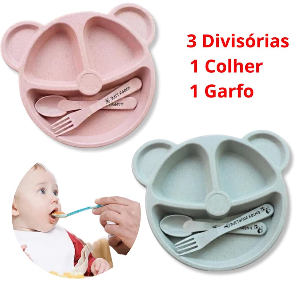 prato infantil com Divisórias + talheres pratinho urso de plastico papinha criança ursinho