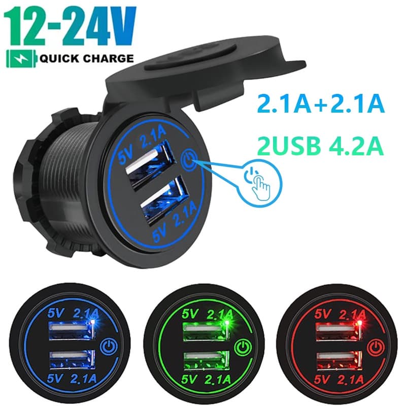 Carregador Duplo USB De Carga Rápida De 12-24V De Carro À Prova D'água Para Automóveis