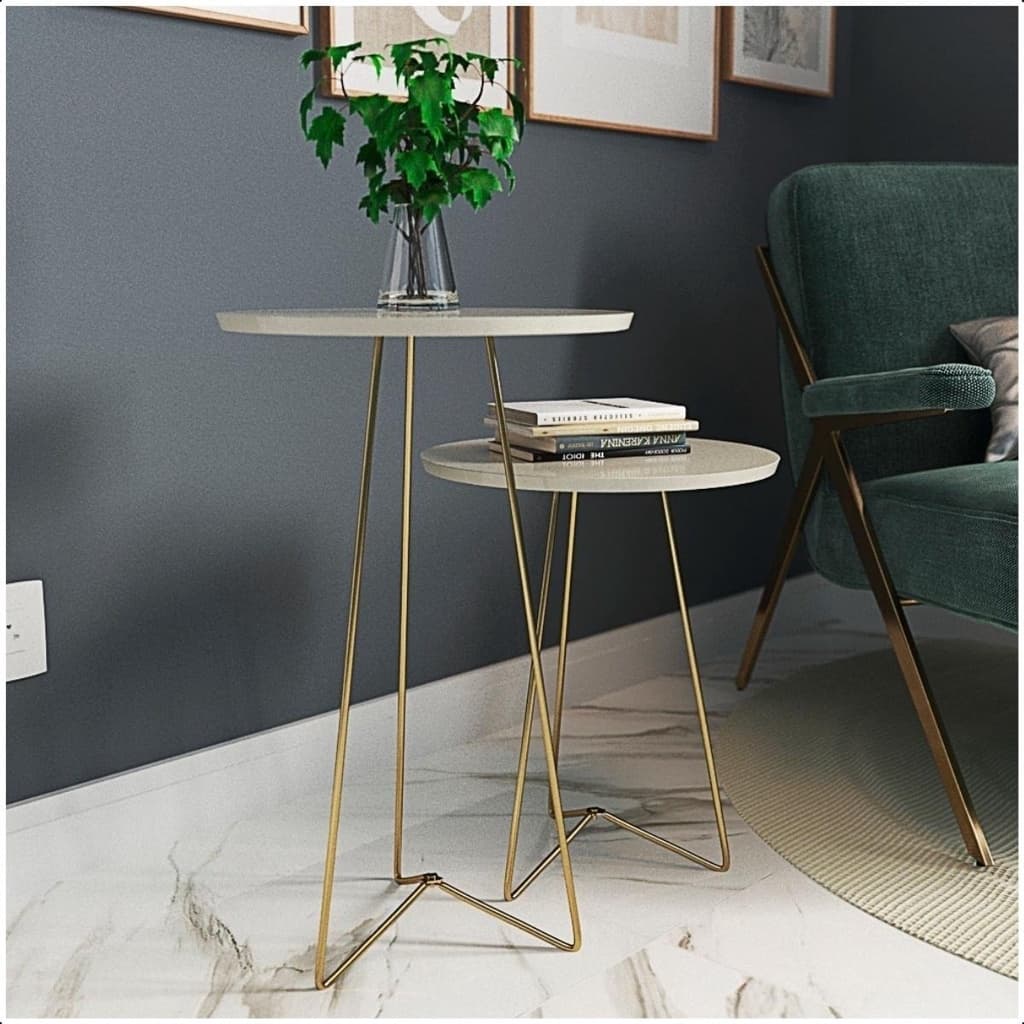 Kit 2 Mesas Apoio E Lateral Redonda Pés De Ferro Dourado