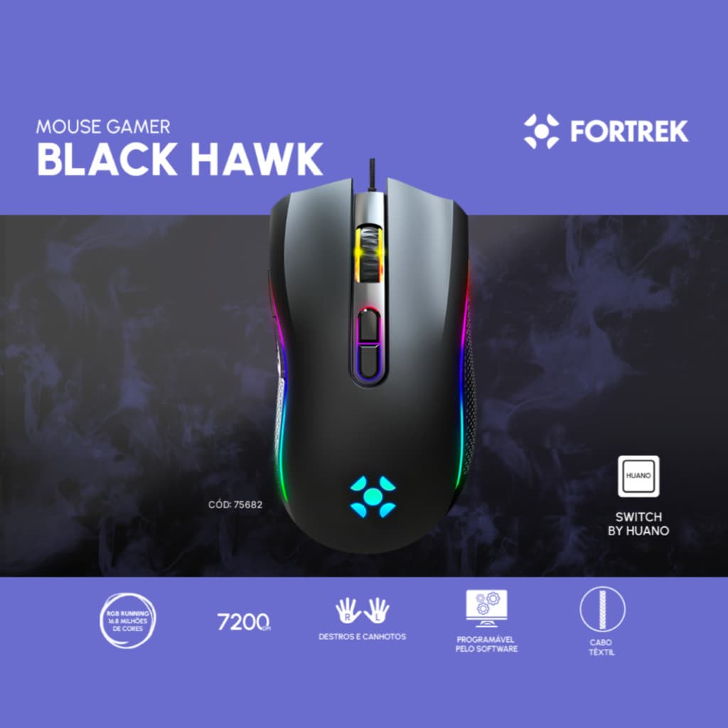 Mouse Gamer RGB Rainbow Fortrek Black Hawk New Edition 7200DPI