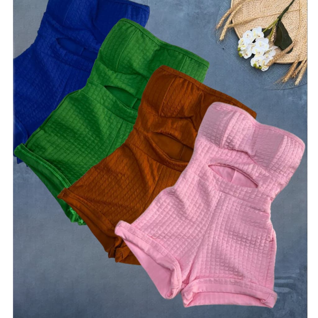 Macacão Curto Recorte Na Cintura Tomara Que Caia Com Bojo Verão Alta Qualidade