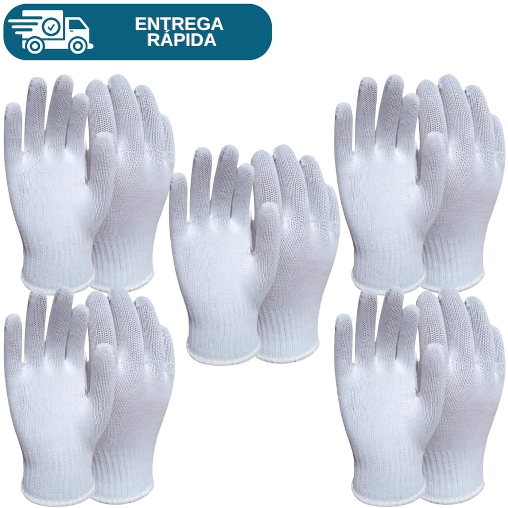 Kit 5 Prs Luva Tricotada Malha Helanca Poliamida Branca De Proteção Lisa P/ Pedreiro Manutenção Epi