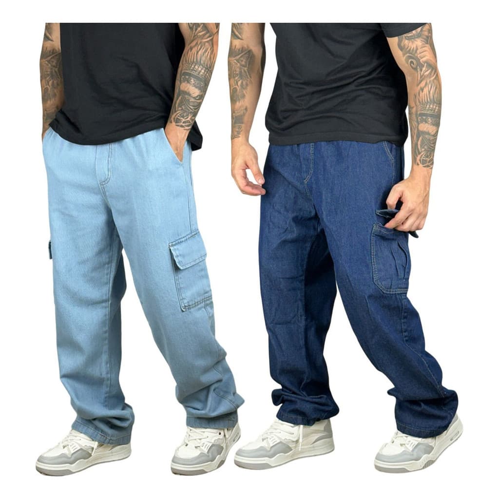 Kit 2 Calça Cargo Jeans Premium Larga Streer Over