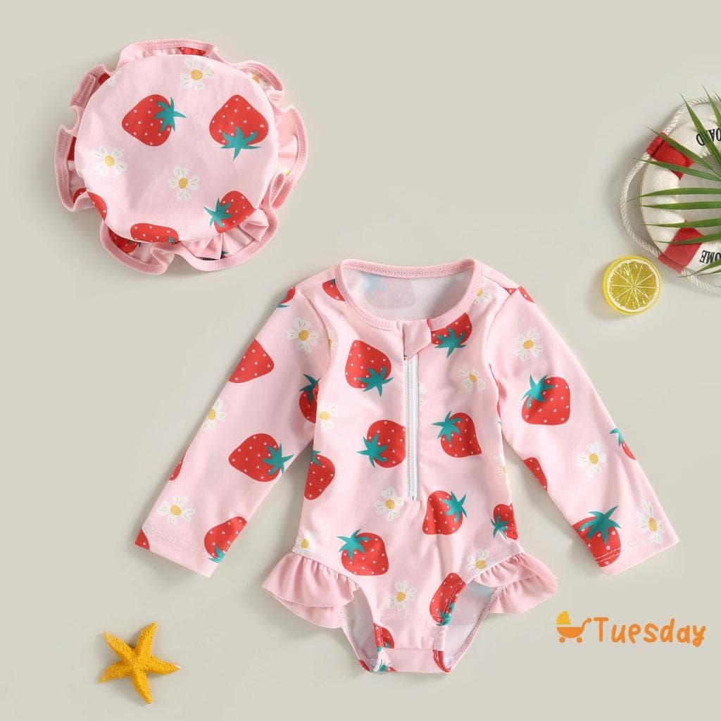Terça-Feira-0-3 Anos Fato De Banho Toddler Girl Rash Guard Strawberry Print + Hat