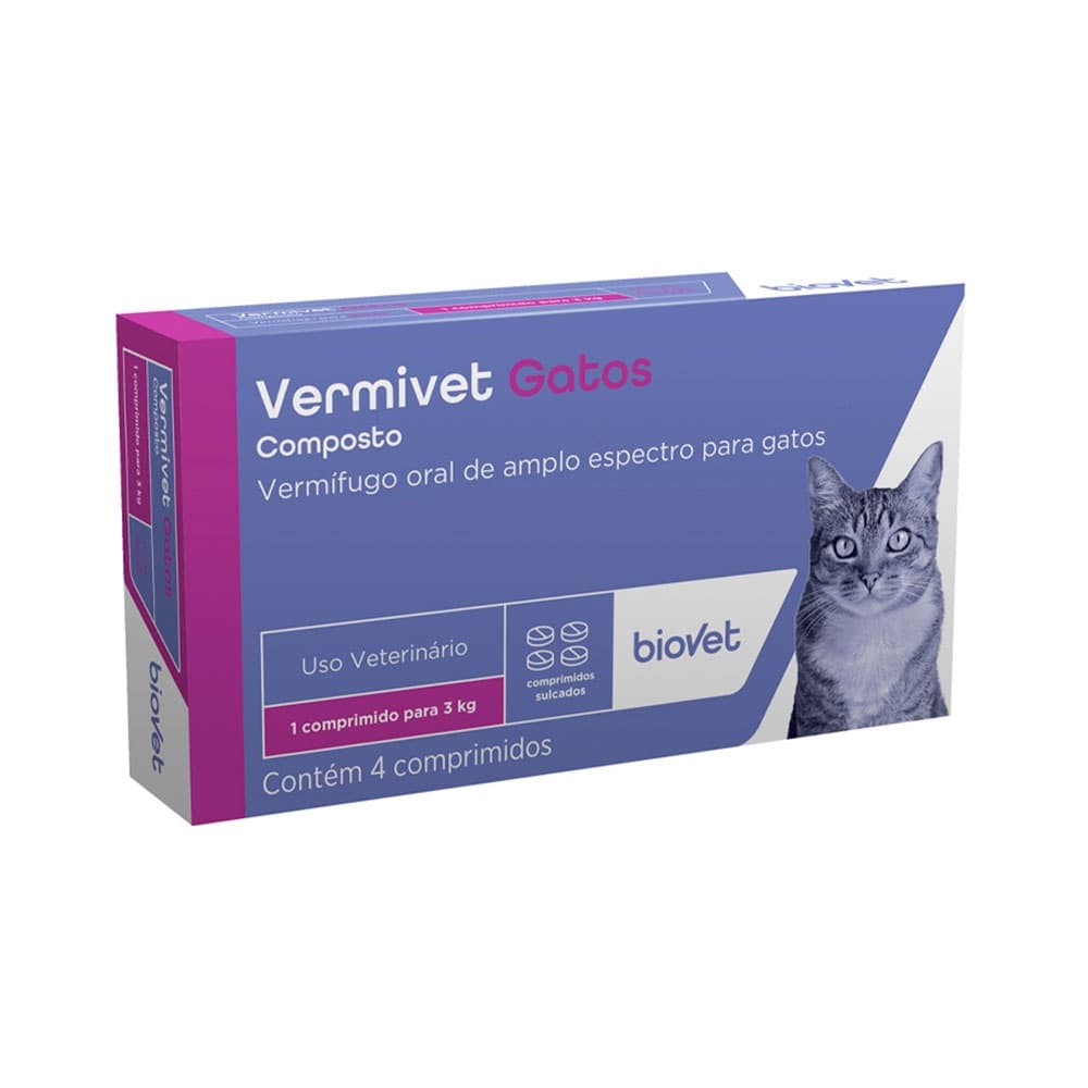 Vermífugo Vermivet Composto Para Gatos Biovet 4 Comprimidos