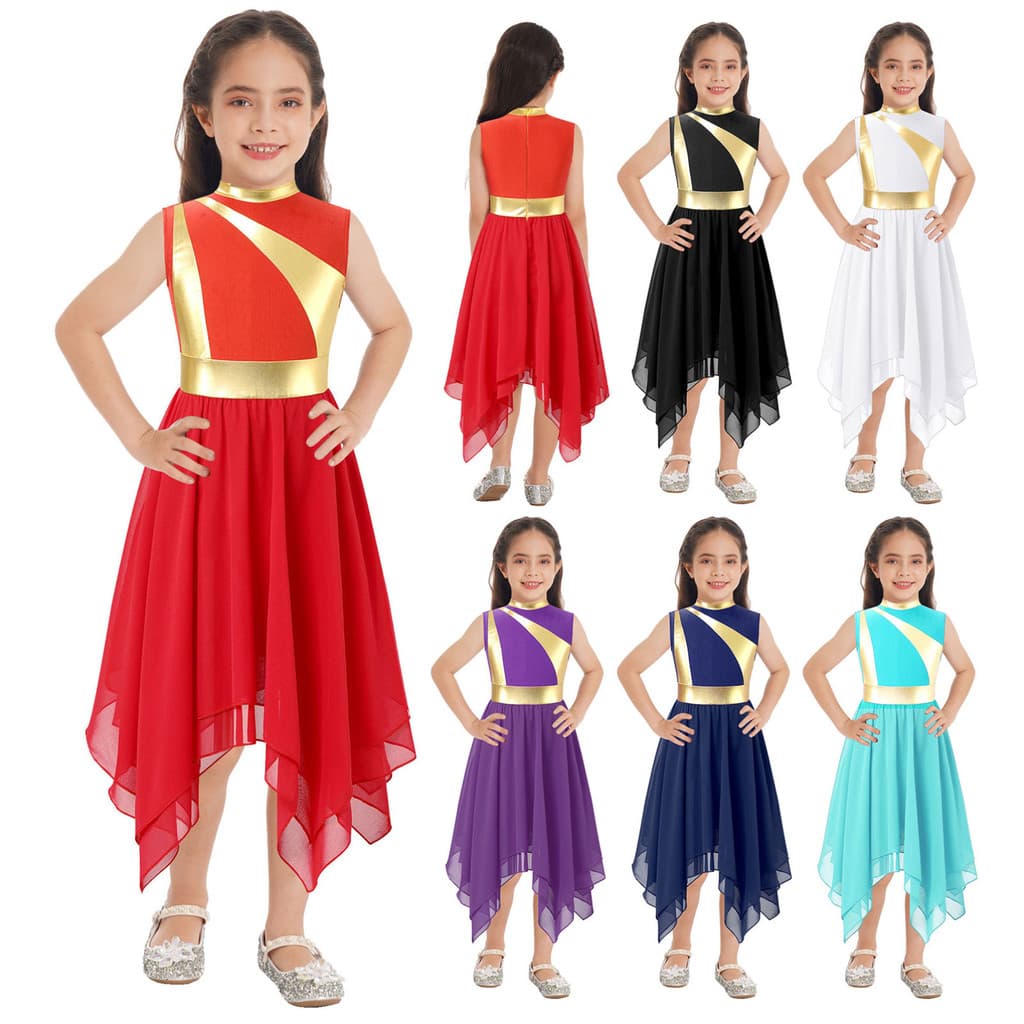 Aislor # 6-16 Crianças Meninas Louvor Dança Vestido Metálico Retalhos Sem Mangas Assimétrico Bainha Moderno Traje De Lír