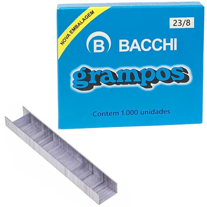 Grampo para Grampeador 23/8 Galvanizado Caixa c/ 1000 Unidades Bacchi | até 50 Folhas | Grampear | Grampo | Uso Escolar Escritório Gráfica