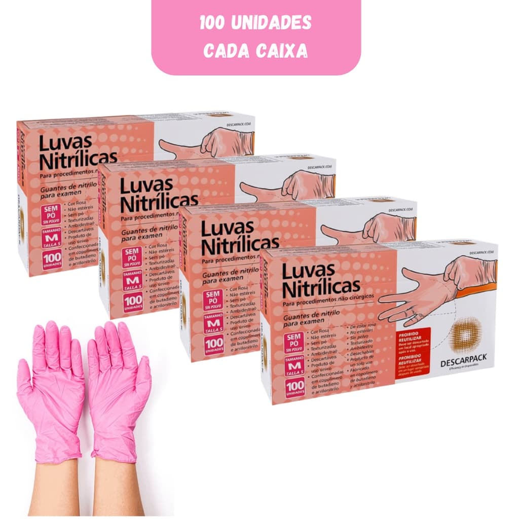 Kit 4 Luva Nitrilica Descarpack Rosa 100 unidades - Tamanho M