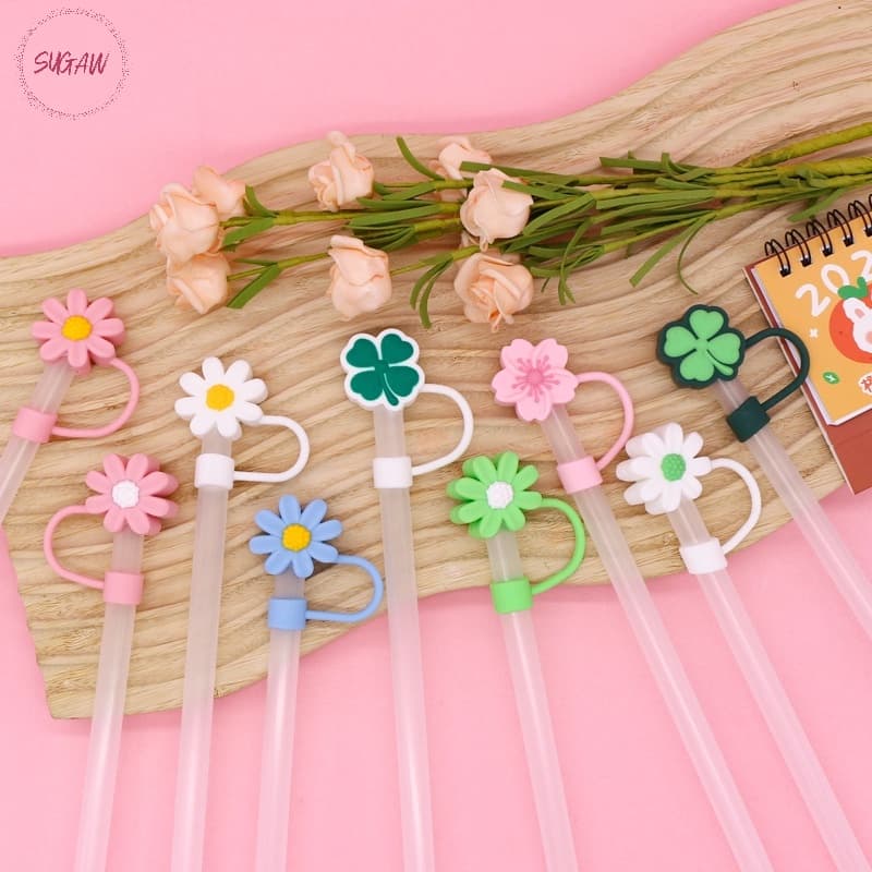 Tampa De Palha De 8mm Criativa À Prova De Poeira Fofa Padrão De Flor Silicone Protetor Para Garrafa