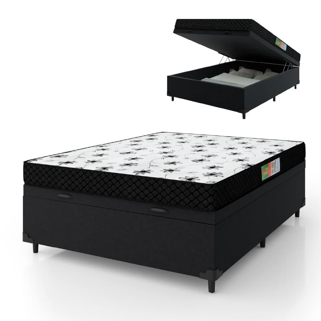 Cama Box Com Baú Casal Colchão Espuma 138x188x53cm Polar Branco / Preto