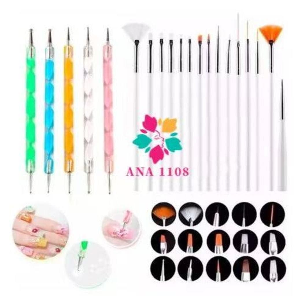 ANA1108 Kit 15 Pincéis + 10 Boleadores Em 5 Pincéis Manicure Desenho