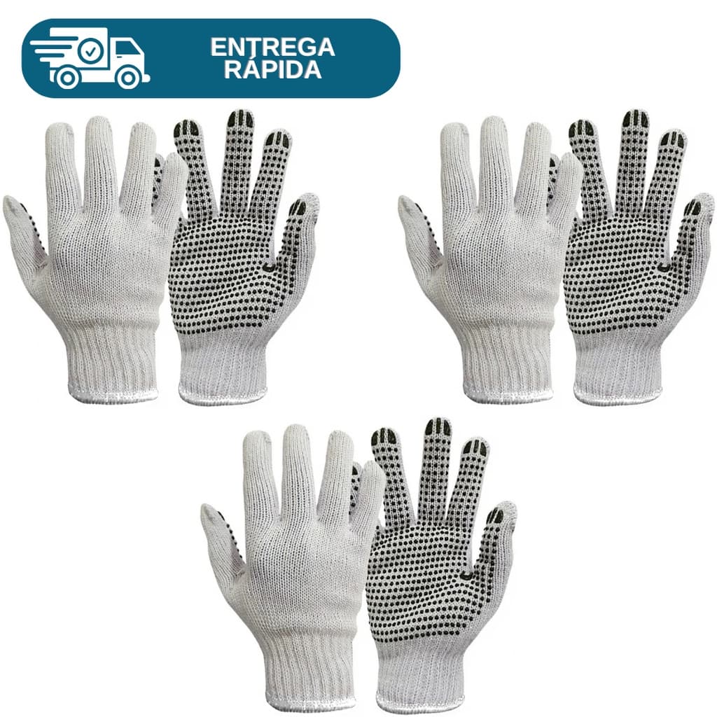 Kit 3 Prs Luva De Malha Pigmentada Algodão Tricotada Pano Branca Proteção Epi Pedreiro Segurança Com CA