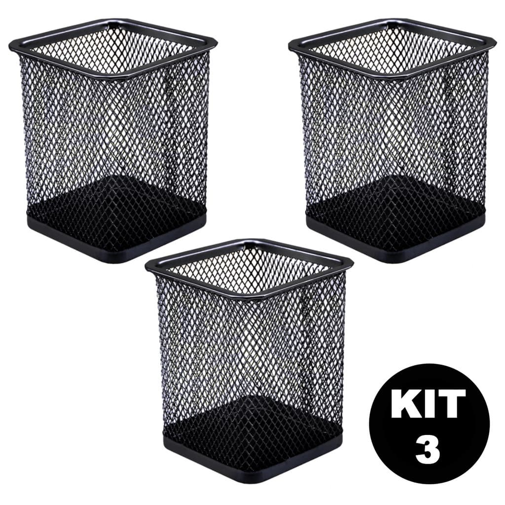 Kit 3 Porta Caneta e Lápis Escritório Aramado Organizador Quadrado  Ou Redondo Preto Office Grande