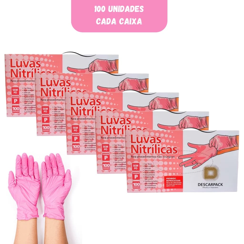 Luva Nitrilica Tamanho P Rosa 100 Uni Descarpack - 5 caixas
