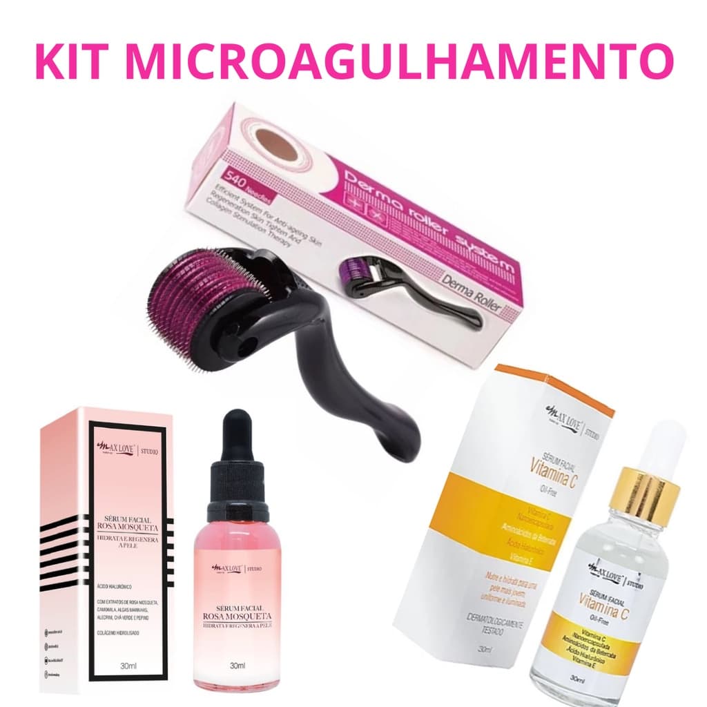Kit Microagulhamento Dermaroller + Sérum Vitamina C + Sérum Rosa Mosqueta