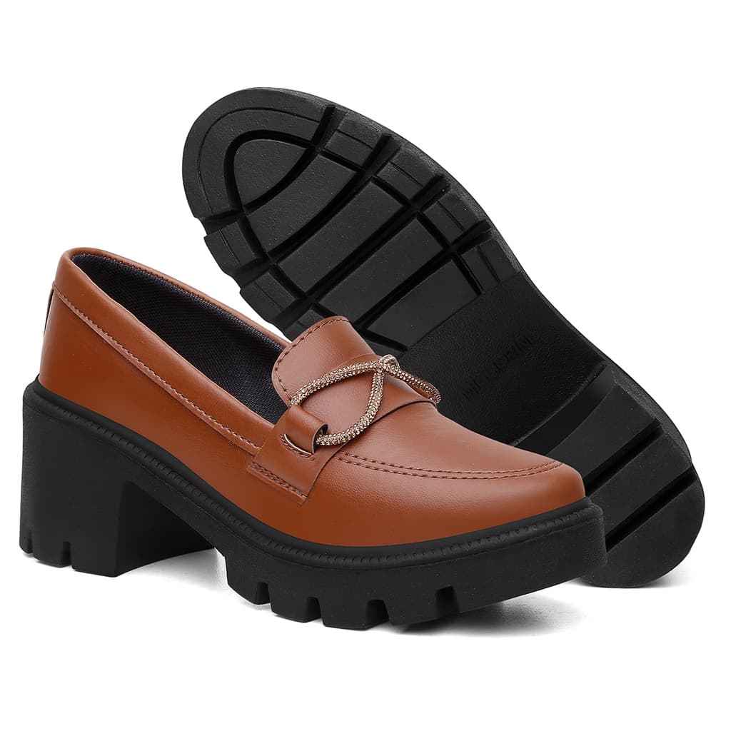 Mocassim Salto Tratorado Brilho Estilo Oxford Diversas Cores Caramelo Preto Numeração Especial 34 Ao 44