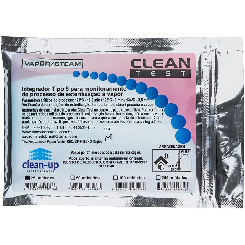 Integrador Químico a Vapor Tipo 5 em tiras Clean Test - 25 unidades - Clean Up