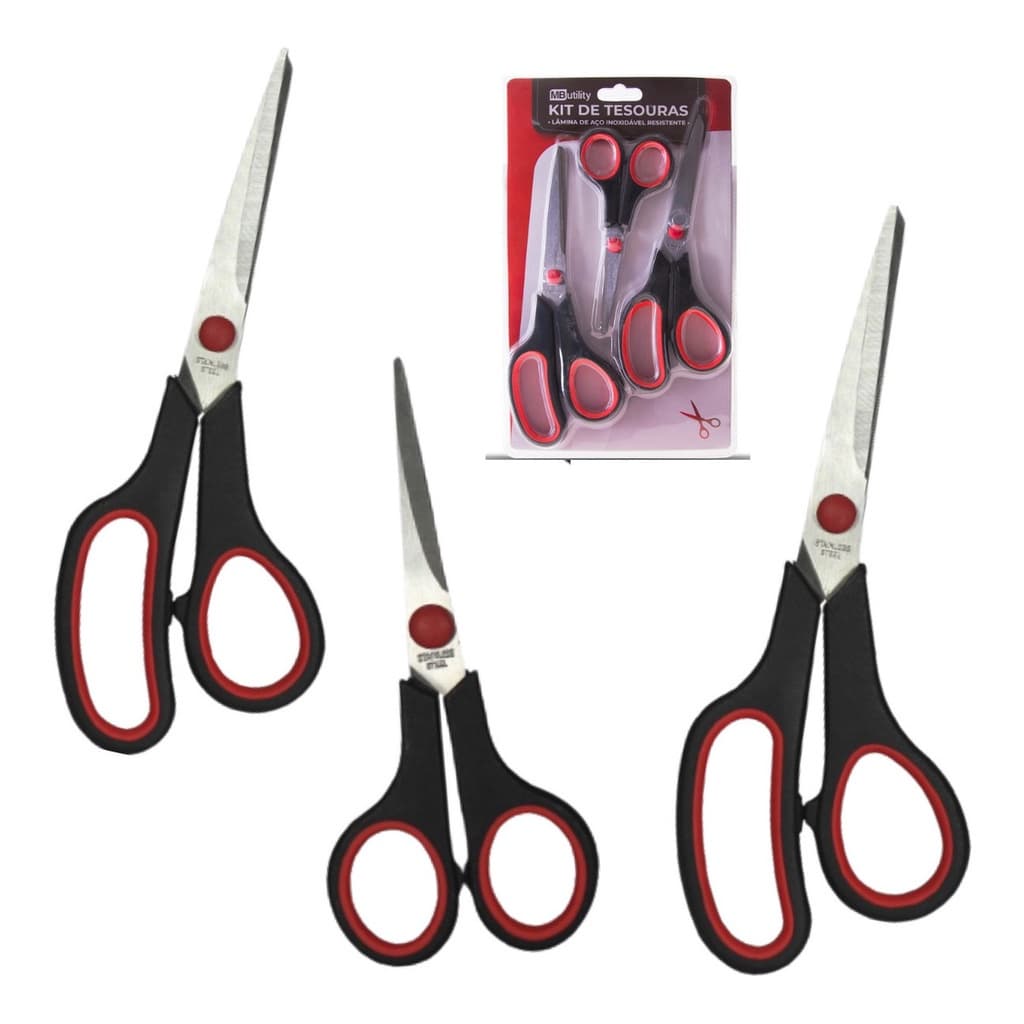 Tesouras Em Aço Inox Kit com 3 Diferentes Tamanhos Multiuso Cozinha