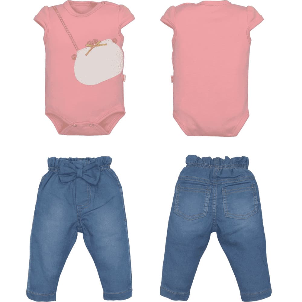Conjunto Body Com Culote Bebê Menina Jeans Bordado Upi Uli
