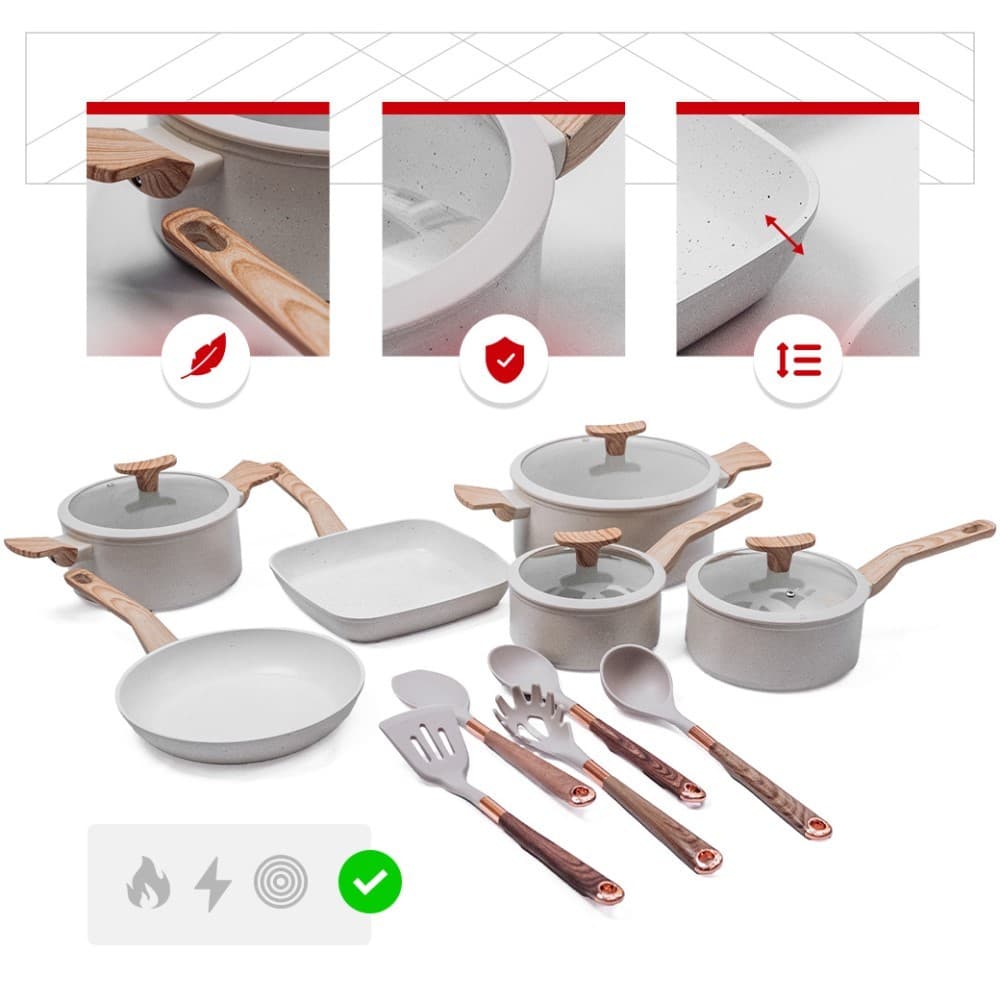 Jogo de Panelas Premium com Revestimento em Mármore Antiaderente 11 Peças Cor Baunilha Yikasa