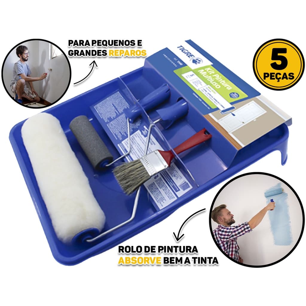 Kit 5 Peças Pintura E Reparo Teto Parede Multiuso Rolo Suporte Bandeja Pincel Rolinho Tigre Original