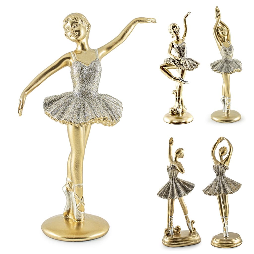 Escultura Bailarina Balé Clássico Decorativa Enfeite Elegante Em Resina Dourada Estatueta Para Sala Mesa Rack 20x7cm