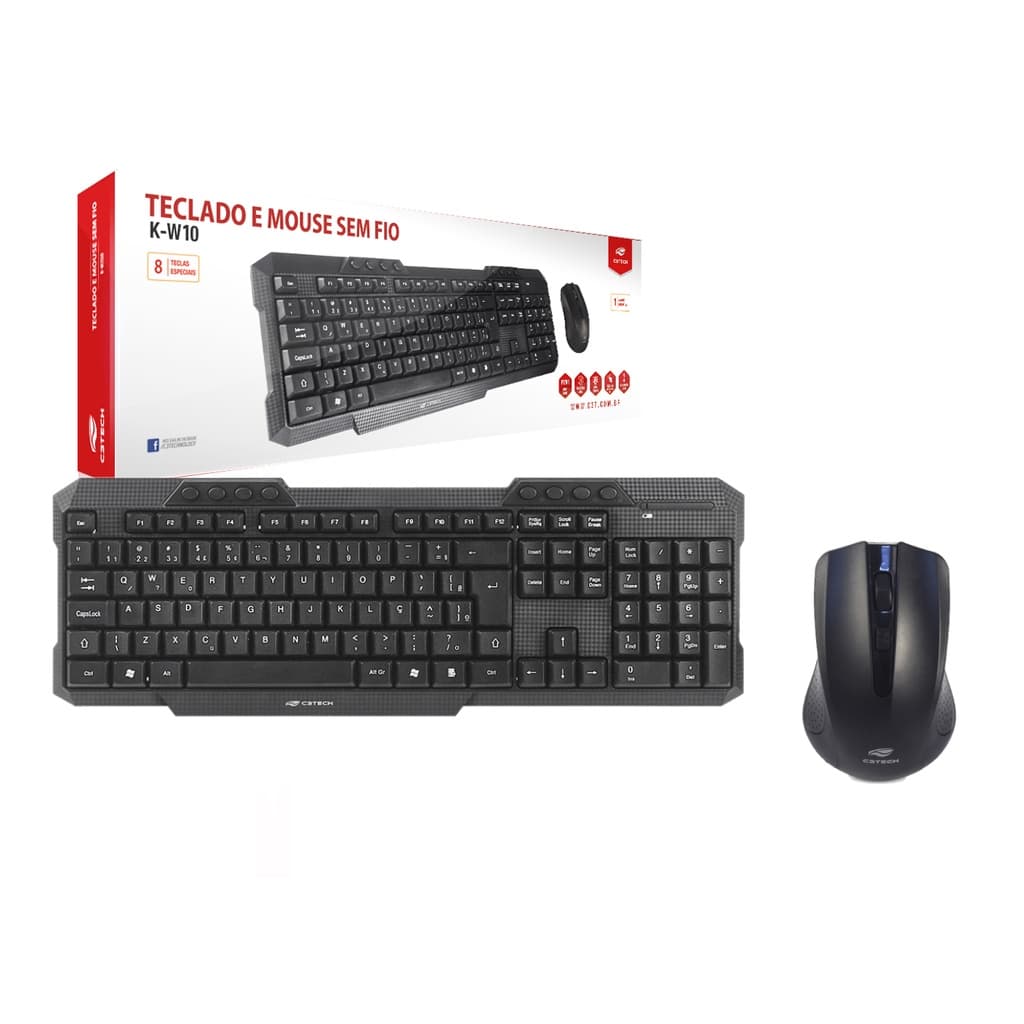 Kit Teclado + Mouse Sem Fio Teclas Funções Multimídia PTBR ABNT2 K-W10BK C3Tech