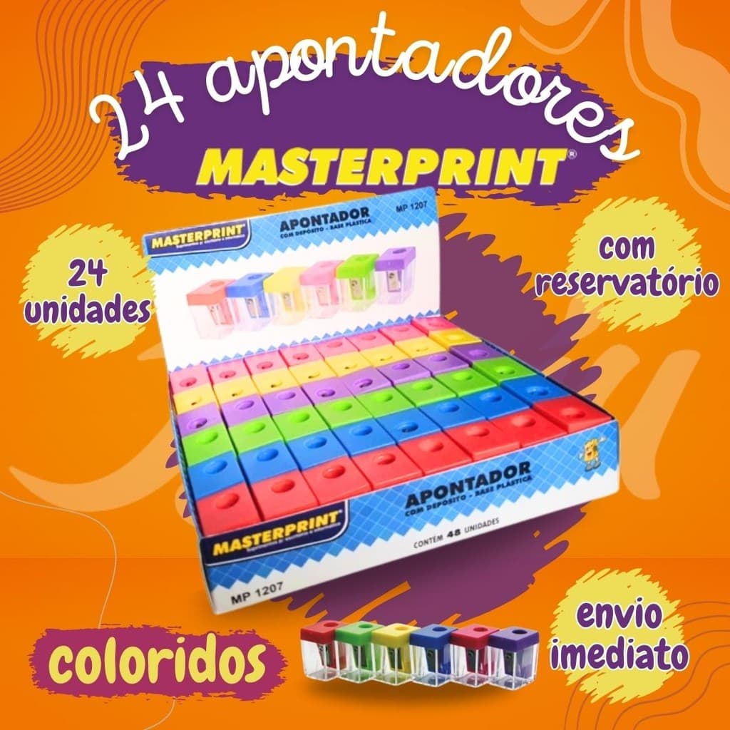 Kit 24 Apontadores Com Depósito Cores Sortidas Apontador Escolar Escritório Masterprint