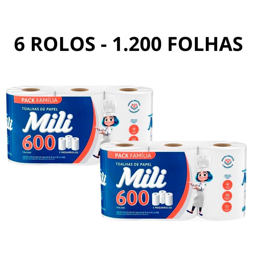 Kit 2 Pacotes Papel Toalha Branco 19 x 22 cm 1200 folhas 1214 Mili - 6 Rolos