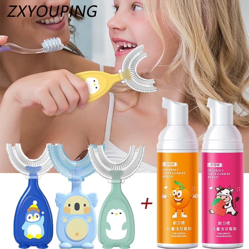 2-12 Anos De Idade 360 ° Escova De Dentes Em U De Silicone Limpeza Oral Infantil E Conjunto De Mousse De Espuma De Morango Com Sabor Laranja Para Crianças