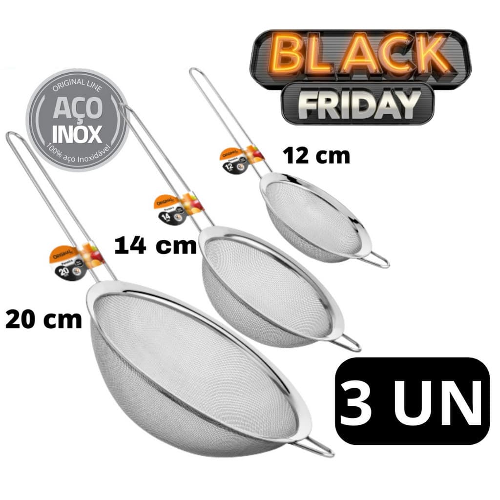KIT 3 Peneiras 12 cm 14 cm e 20 cm  De Aço Inox Utensílios De Cozinha