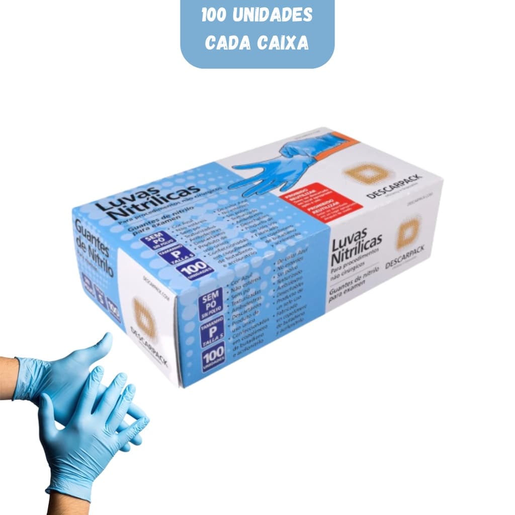 Luva Nitrílica Azul Descarpack com 100 Unidades