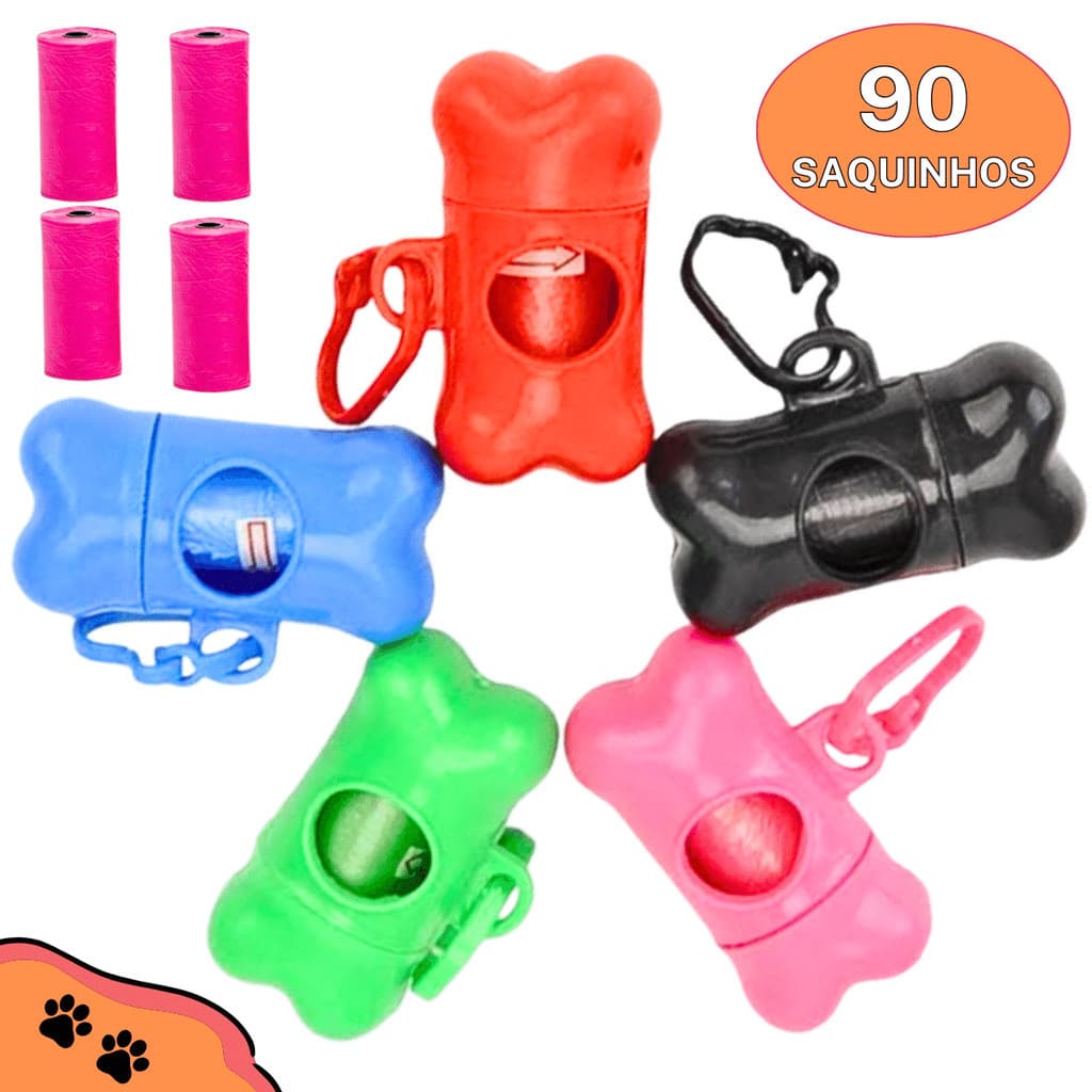 Kit Cata Caca Cachorro Cao Gato Pet com Porta Saquinhos Higienicos Coletor Feses com 5 rolos 90