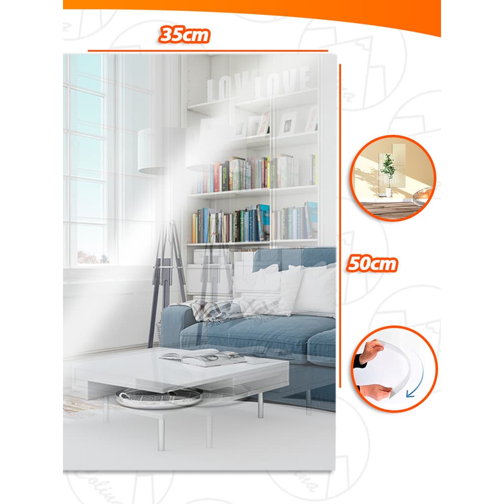 Kit 1/2/3/4 Espelho Adesivo Acrílico Retangular Decorativo 50x35cm