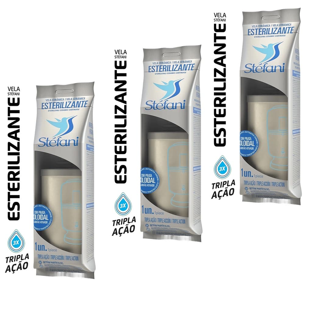 Kit 3 Vela Filtro de Barro Esterilizante Tripla Ação Stéfani Original São João Prata Coloidal