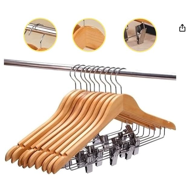 Cabides de Madeira com Presilhas Premium Para Roupas Calça Gancho Cromado