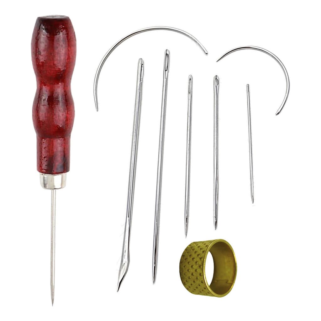 07 Agulhas Costurar Couro Furador Manual Cabo Madeira Dedal
