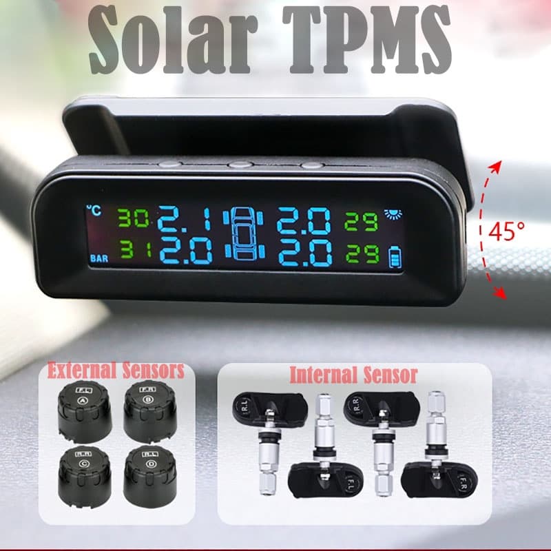 Sistema De Monitoramento De Pressão De Pneus TPMS Para Carros Sem Fio LCD Solar Guage Testador Ar + 4 Sensores Internos/Externos