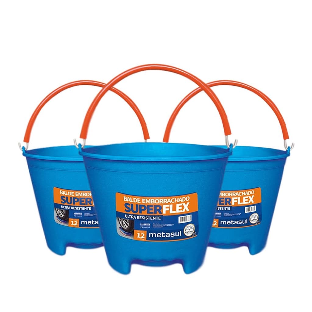 Kit 3 Balde Superflex com Alça Emborrachada 12 Litros Azul