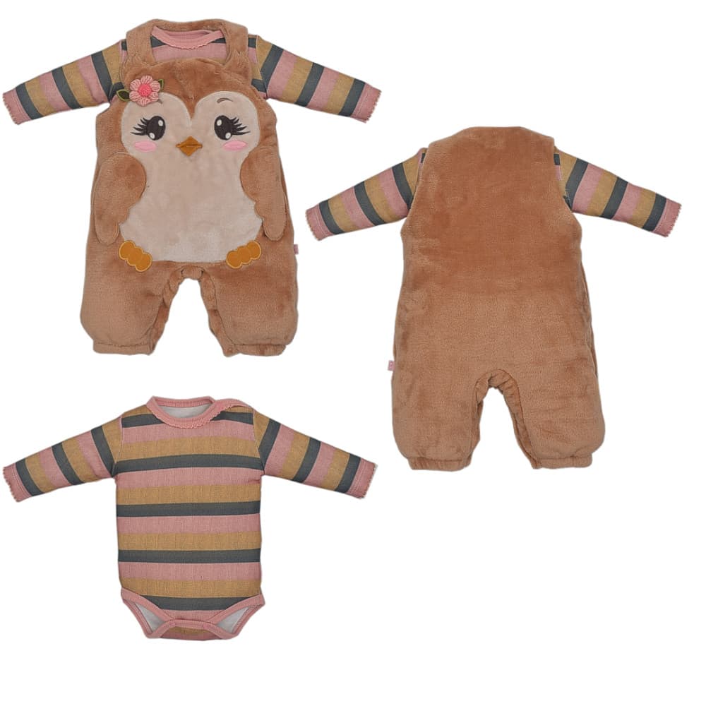 Conjunto Macacão Body Bebê Menina Pelúcia Bordado Upi Uli