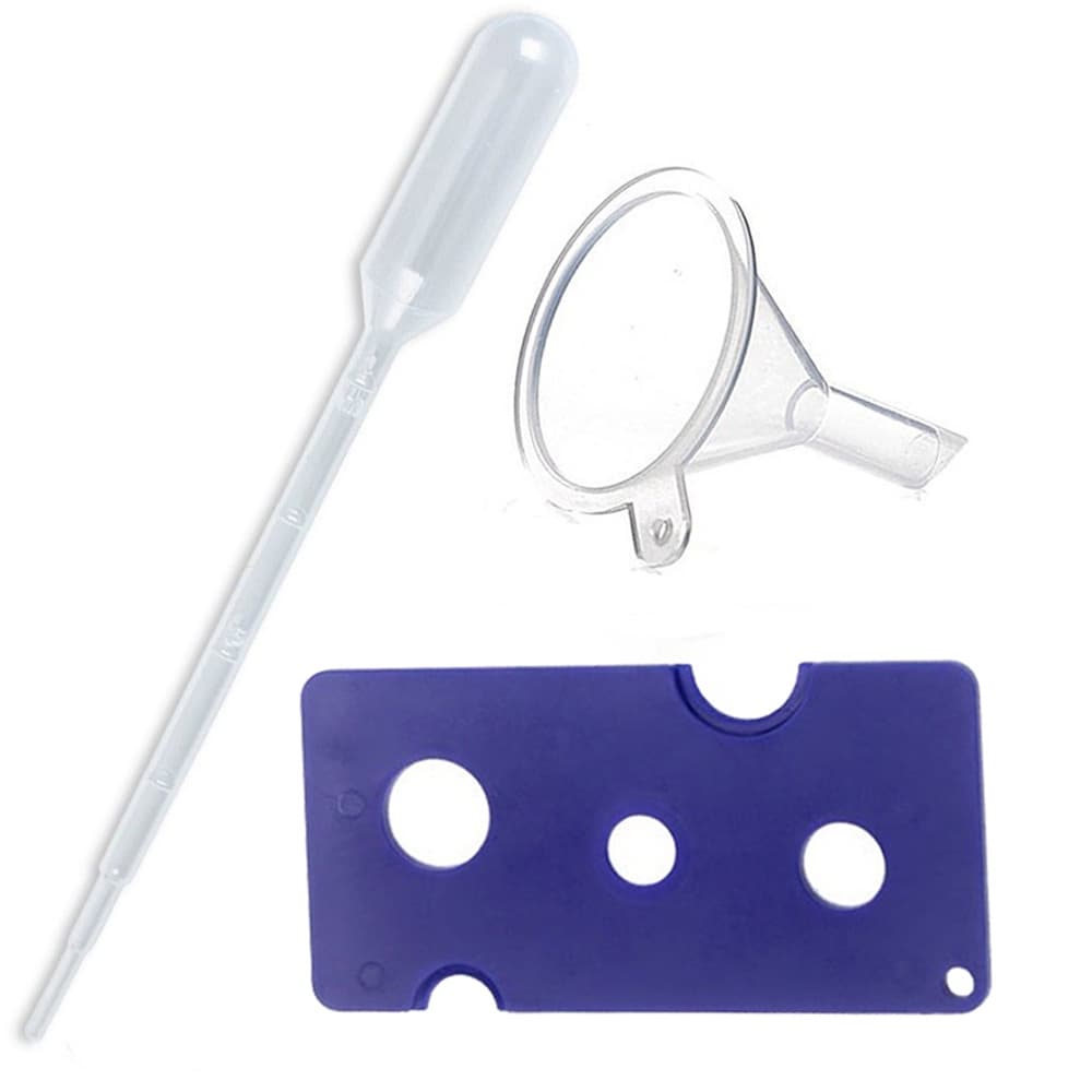 kit 3 acessórios aromaterapia: Mini funil plástico abridor de rollon e Pipeta pasteur graduada 3 ml