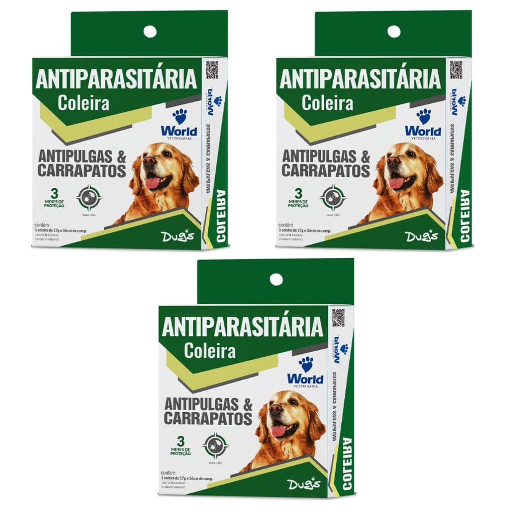 03 Coleiras Cães Antipulgas E Carrapatos Dugs 56cm World Dug's - 3 Unidades