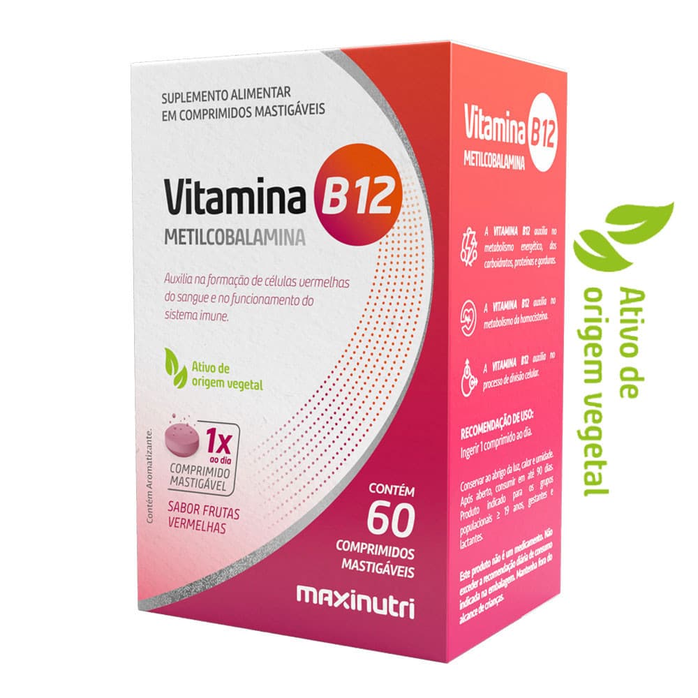Vitamina B-12 Metilcobalamina Mastigável 60 Comprimidos Sabor Frutas Vermelhas Maxinutri