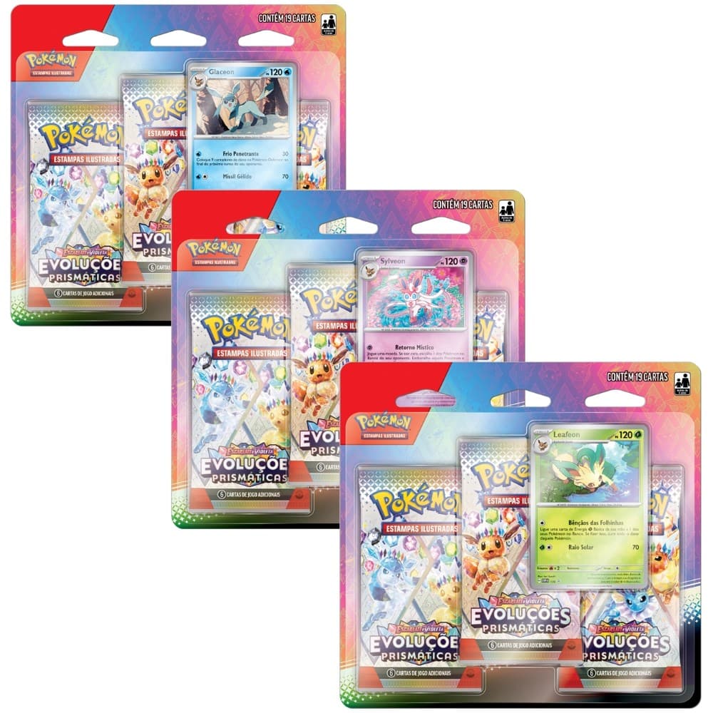 BLISTER TRIPLO GLACEON SYLVEON LEAFEON EVOLUÇÕES PRISMÁTICAS EV8.5 COPAG POKÉMON TCG 3 BOOSTER CARTA