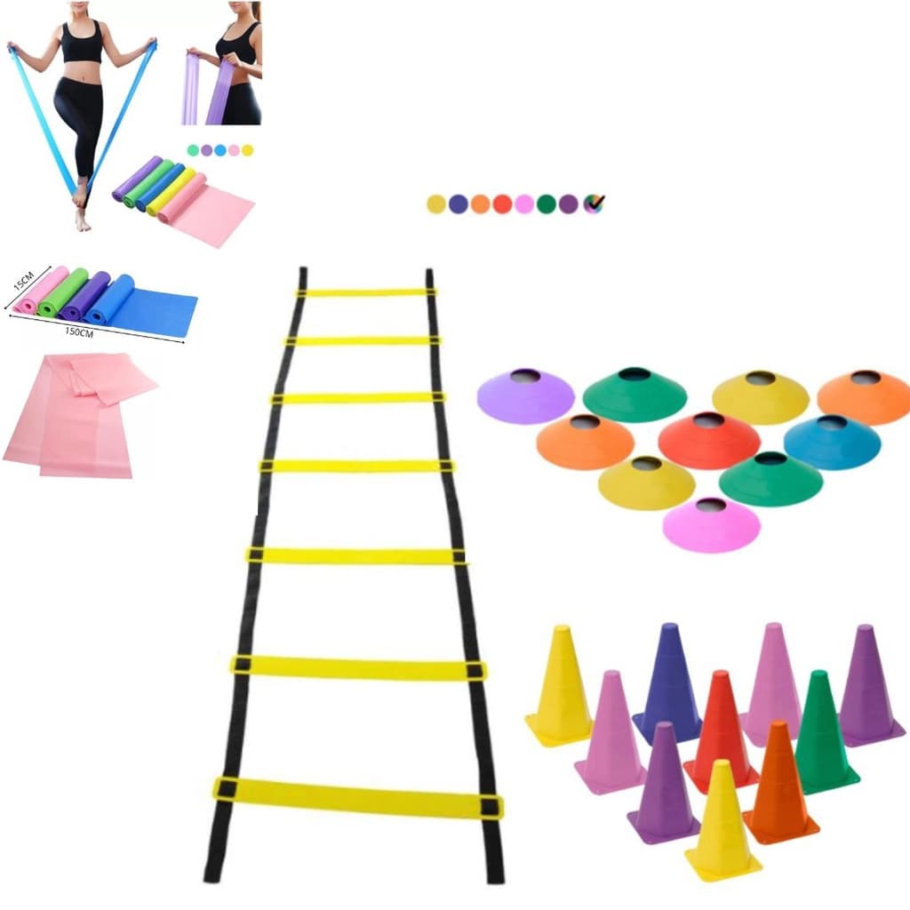 Kit Treino Agilidade 1 Escada Com 7 Degraus 10 Cones 10 Chapéus Chinês 1 Faixa Elástica Thera Band