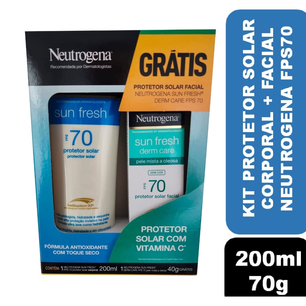 Kit Neutrogena Protetor Solar Corporal Sun Fresh 200ml + Protetor Facial Pele Mista a Oleosa 40g FPS70