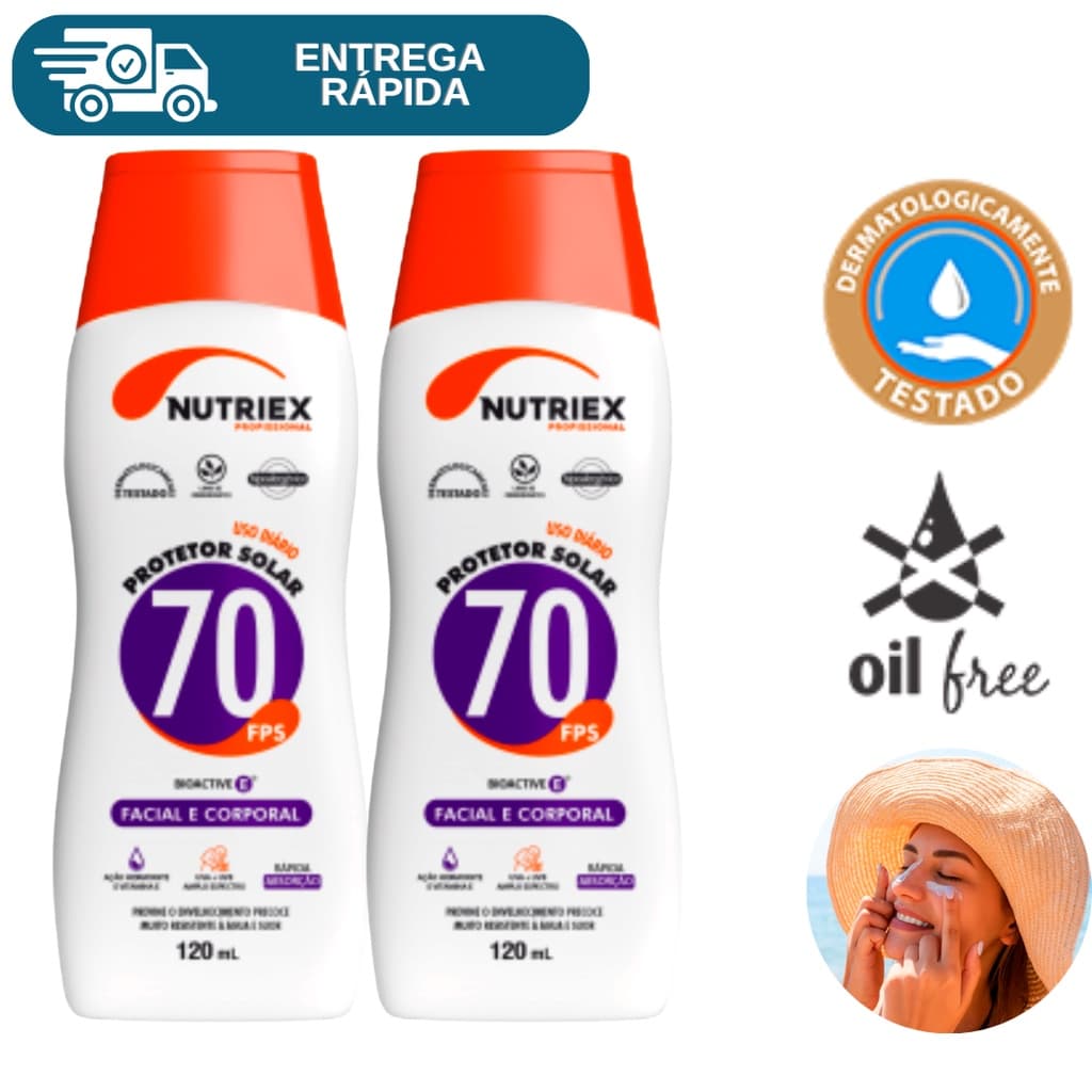 Kit 2 Protetor Solar Facial e Corporal Fps 70 120ml Nutriex 1/3 UVA UVB Bloqueador Fator 70 Soldador